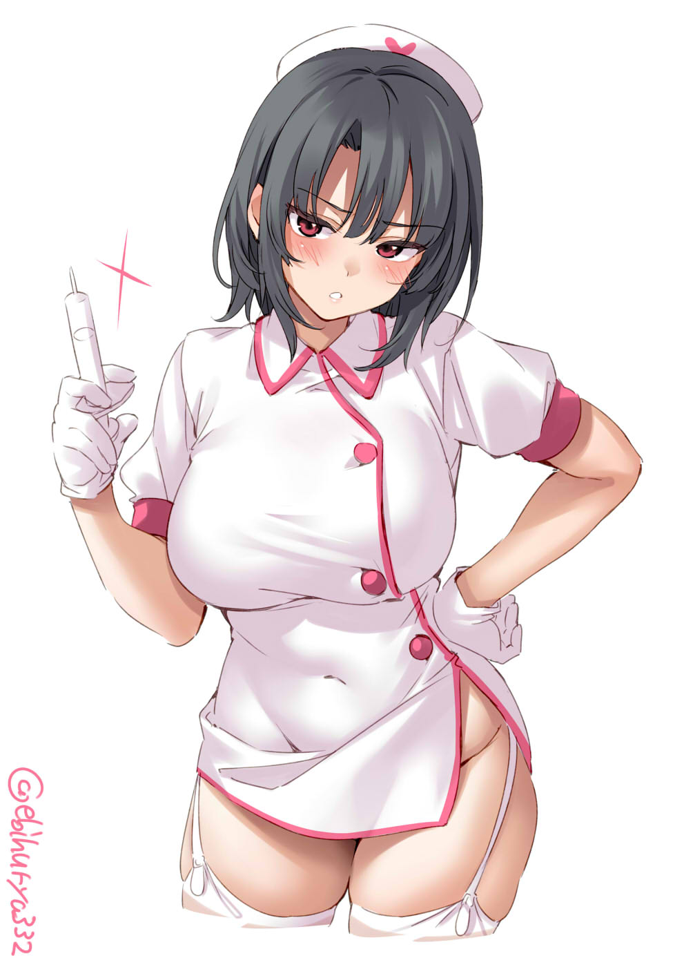 1girl alternate_costume black_hair blush breasts collared_dress cowboy_shot cross dress ebifurya eyebrows_visible_through_hair garter_straps gloves hair_between_eyes hand_on_hip hat highres kantai_collection large_breasts lips looking_at_viewer nurse nurse_cap one-hour_drawing_challenge puffy_short_sleeves puffy_sleeves red_cross red_eyes rubber_gloves short_dress short_hair short_sleeves simple_background solo syringe takao_(kancolle) thigh-highs twitter_username white_background white_dress white_gloves white_legwear