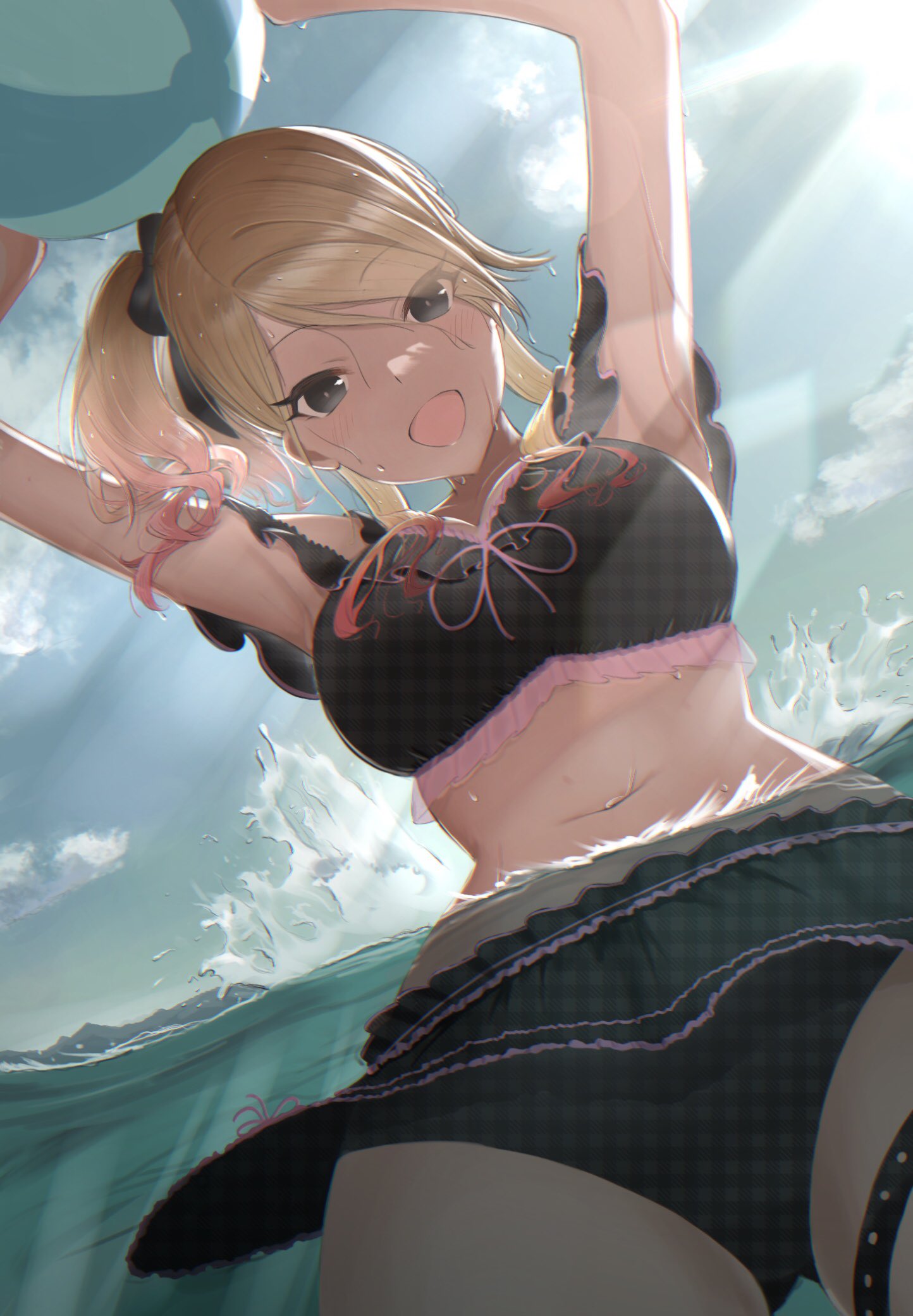 1girl arms_up ball beachball bikini black_bikini black_eyes blonde_hair breasts brown_hair dark-skinned_female dark_skin dutch_angle gradient_hair gyaru highres idolmaster idolmaster_shiny_colors izumi_mei large_breasts long_hair looking_at_viewer multicolored_hair navel open_mouth partially_submerged seseri_aoba side_ponytail smile solo splashing swimsuit tan