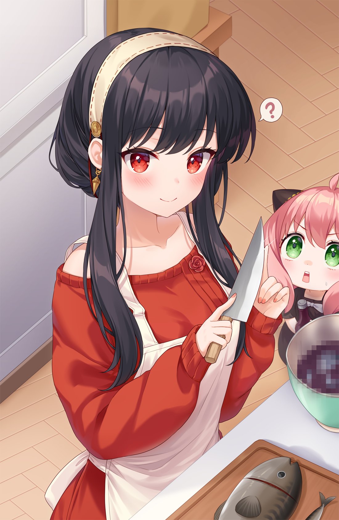 2girls ? ahoge anya_(spy_x_family) bangs bare_shoulders black_dress black_hair breasts censored collarbone dress fish food green_eyes hair_cones hairband highres holding holding_knife knife large_breasts long_hair moorina mosaic_censoring multiple_girls pink_hair red_sweater shiny shiny_hair short_sleeves smile speech_bubble spy_x_family sweater yor_briar