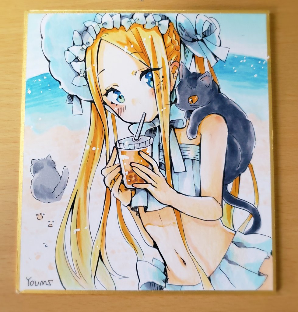 abigail_williams_(fate) animal animal_on_shoulder artist_name bangs beach bikini black_cat blonde_hair blue_eyes blush bonnet bow braid bubble_tea cat cat_on_shoulder choker commentary_request cowboy_shot cup day disposable_cup drinking drinking_straw drinking_straw_in_mouth eyebrows_visible_through_hair eyes_visible_through_hair fate/grand_order fate_(series) footprints forehead french_braid frilled_bikini frills hair_bow hands_up holding holding_cup long_hair making-of_available multiple_sources mumu_yu_mu navel ocean outdoors parted_bangs ribbon ribbon_choker sarong shikishi sidelocks signature swimsuit traditional_media very_long_hair water white_bikini white_bow white_choker white_headwear white_ribbon white_sarong