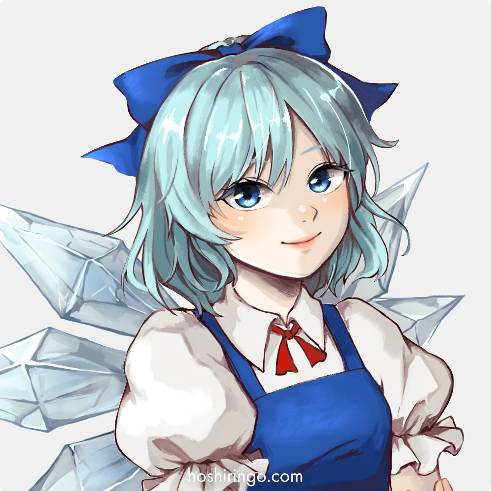 1girl bangs blue_bow blue_dress blue_eyes blue_hair bow cirno close-up closed_mouth collared_shirt commentary_request crossed_arms dress face fairy frilled_sleeves frills hair_bow happy hoshiringo0902 ice ice_wings lips looking_at_viewer neck_ribbon pinafore_dress puffy_short_sleeves puffy_sleeves red_ribbon ribbon shirt short_hair short_sleeves smile solo touhou white_shirt wings
