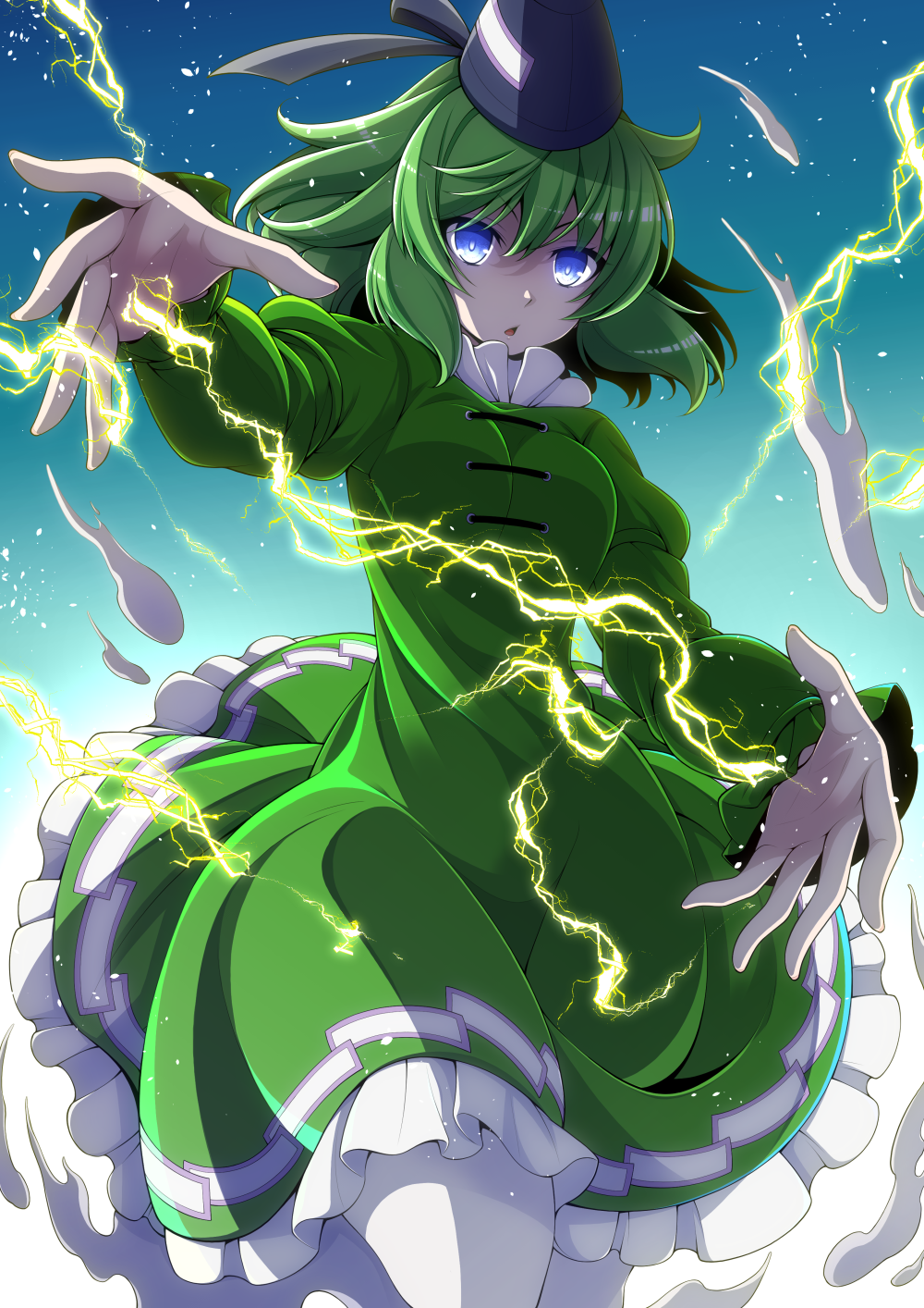 1girl bangs black_headwear blue_background blue_eyes breasts dress eichi_yuu frilled_dress frills ghost_tail gradient gradient_background green_dress green_hair hat highres lightning long_sleeves looking_at_viewer medium_breasts ofuda ofuda_on_clothes open_mouth short_hair soga_no_tojiko solo tate_eboshi touhou