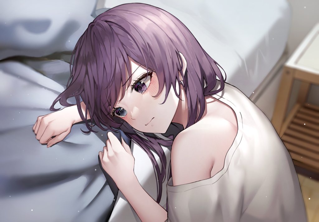 1girl bangs blanket_grab blush closed_mouth earrings head_on_bed indoors jewelry light_particles long_hair luxiel off_shoulder original purple_hair shirt single_bare_shoulder solo swept_bangs tearing_up tears upper_body violet_eyes white_shirt