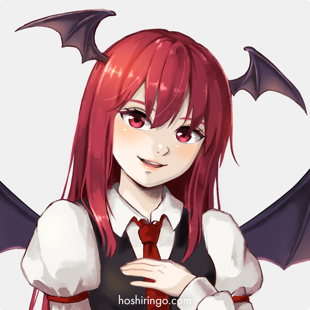 1girl bangs bat_wings black_vest close-up collared_shirt commentary_request demon_girl demon_wings face hand_on_own_chest happy head_tilt head_wings hoshiringo0902 juliet_sleeves koakuma lips long_hair long_sleeves looking_at_viewer necktie parted_bangs parted_lips puffy_sleeves red_eyes red_lips red_necktie redhead shirt sidelocks simple_background touhou very_long_hair vest white_background white_shirt wings