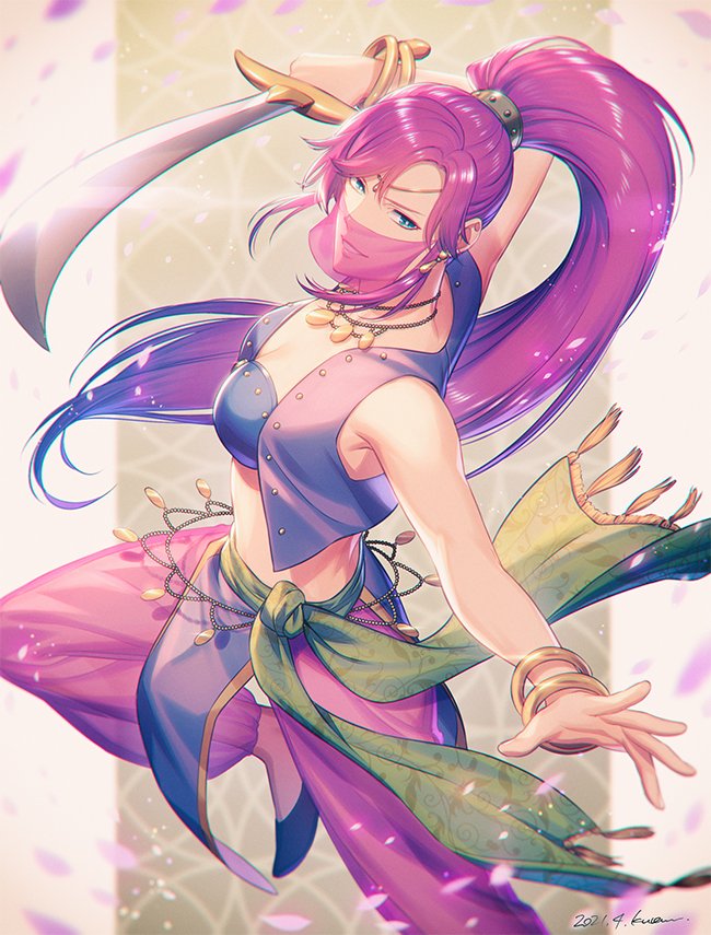 1girl breasts dancer_(final_fantasy) faris_scherwiz final_fantasy final_fantasy_v green_eyes kuren long_hair looking_at_viewer purple_hair smile solo weapon