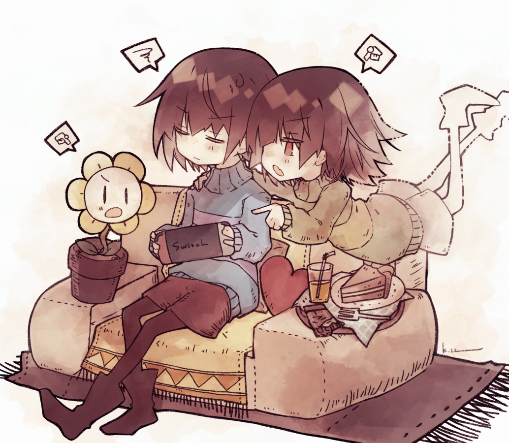 1boy 2non-binary boots brown_footwear brown_hair brown_legwear brown_shorts butterscotch_pie candy chara_(undertale) chocolate chocolate_bar closed_eyes closed_mouth commentary couch cup drinking_glass english_commentary flower flowey_(undertale) food fork frisk_(undertale) handheld_game_console heart heart_pillow holding holding_handheld_game_console juice kasuga_haruhi multiple_nonbinary napkin nintendo_switch open_mouth orange_juice pie pillow plate playing_games pot queer red_eyes rug short_hair shorts spoken_emoji spoken_squiggle squiggle trans tray undertale yellow_flower