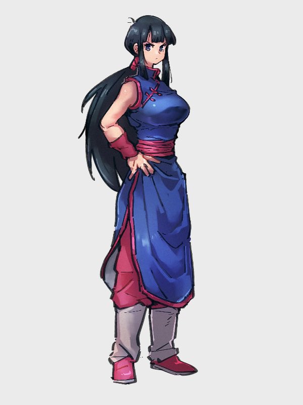 1girl black_eyes black_hair blue_dress breasts chi-chi_(dragon_ball) china_dress chinese_clothes dragon_ball dragon_ball_(classic) dress full_body grey_background hand_on_hip kemachiku long_hair looking_at_viewer medium_breasts simple_background solo standing