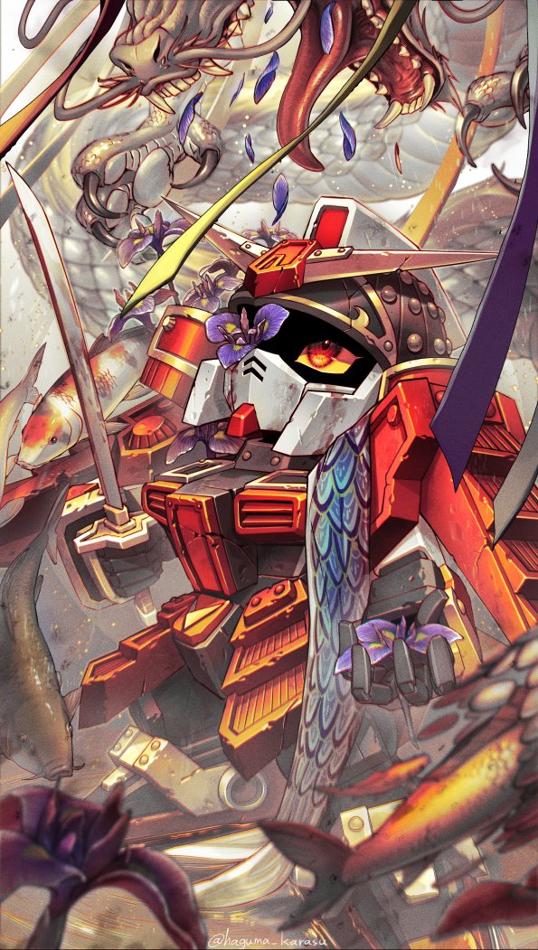 dragon flower flower_over_eye gundam holding holding_flower holding_sword holding_weapon katana kinako_(karasu_nomaru) koi leaning_back mecha musha_gundam one_eye_covered purple_flower red_eyes sd_gundam sd_sengokuden solo sword tongue tongue_out v-fin weapon