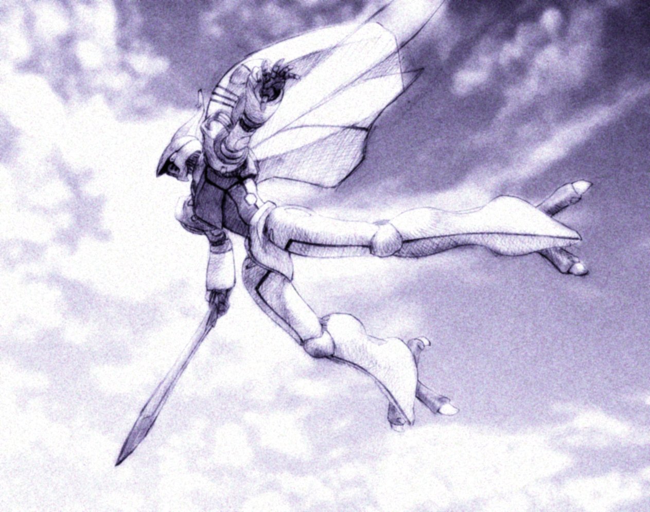 clouds dunbine fantasy flying holding holding_sword holding_weapon insect_wings magaki_ryouta mecha no_humans open_hand science_fiction seisenshi_dunbine sky solo sword weapon wings