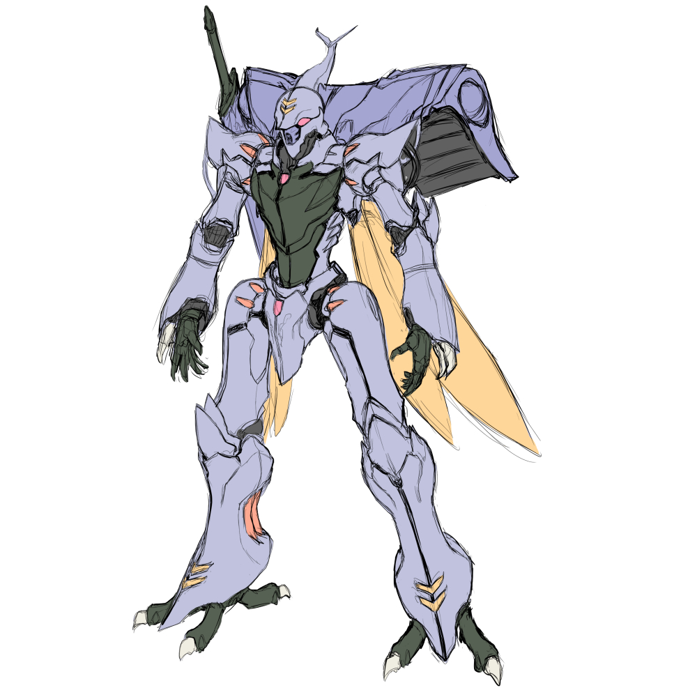 dunbine fantasy insect_wings magaki_ryouta mecha no_humans open_hands pink_eyes seisenshi_dunbine sheath sheathed sketch solo standing sword weapon white_background wings