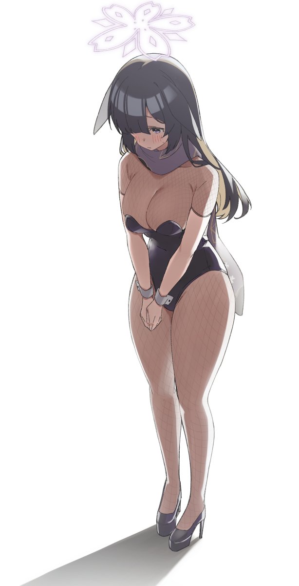 1girl bangs black_hair black_leotard blue_archive blunt_bangs blush breasts fishnet_legwear fishnet_top fishnets full_body halo high_heels highres large_breasts leotard long_hair looking_down lop_rabbit_ears nekoume own_hands_together scarf simple_background solo thick_thighs thighs tsukuyo_(blue_archive) white_background
