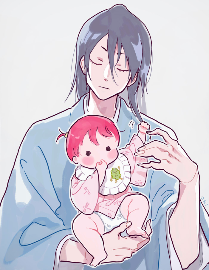 abarai_ichika bib black_hair bleach blush closed_eyes diaper full_body grey_background holding holding_baby japanese_clothes kuchiki_byakuya long_hair long_sleeves looking_at_viewer okihana redhead short_hair uncle_and_niece upper_body