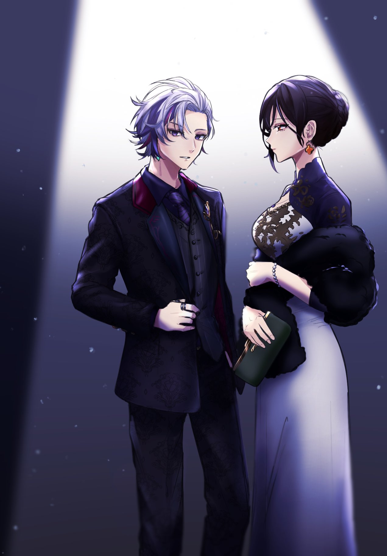 1boy 1girl bag black_jacket black_pants black_scarf black_shirt blue_necktie breasts collared_shirt dress earrings from_side fur_scarf fuwa_minato grey_hair grey_vest hair_behind_ear handbag highres holding holding_bag jacket jewelry looking_at_viewer medium_breasts multicolored_hair necktie nijisanji pants purple_hair satou_kouri scarf shirayuki_tomoe shirt streaked_hair vest virtual_youtuber white_dress