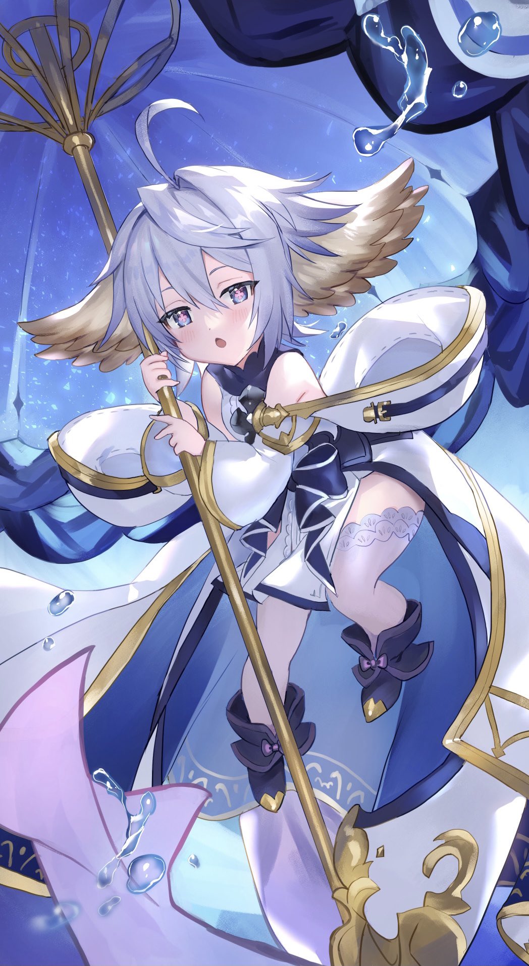 1girl :o ahoge blue_eyes bow dress_bow feathers flower-shaped_pupils granblue_fantasy harvin highres holding holding_umbrella looking_at_viewer parasol pointy_ears shiromimin solo symbol-shaped_pupils thigh-highs umbrella wamdus_(granblue_fantasy) white_hair white_legwear