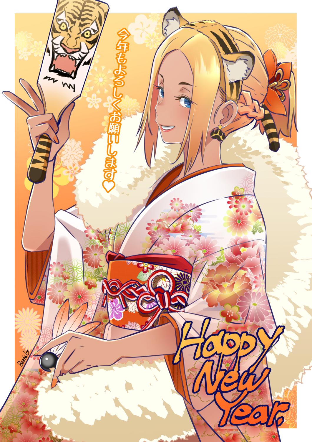 1girl animal_ears animal_print blonde_hair blue_eyes braid butcha-u chinese_zodiac earrings fake_animal_ears fake_tail floral_print french_braid from_side hairband hand_up happy_new_year highres holding japanese_clothes jewelry kimono lips looking_at_viewer looking_to_the_side nail_polish obi orange_nails original parted_lips sash short_ponytail sidelocks smile solo tail tiger_ears tiger_print tiger_tail translation_request upper_body v white_kimono wide_sleeves year_of_the_tiger