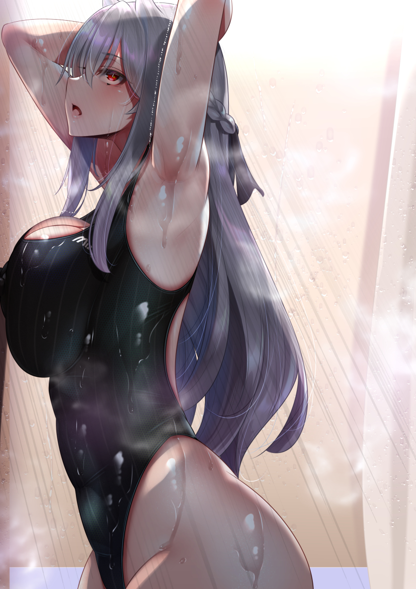 1girl against_wall andou_you armpits arms_up bangs black_swimsuit blurry blurry_background braid breast_press breasts commentary_request competition_swimsuit covered_nipples eyebrows_visible_through_hair grey_hair highleg large_breasts long_hair one-piece_swimsuit open_mouth original presenting_armpit red_eyes shower_(place) sidelocks solo standing swimsuit wet