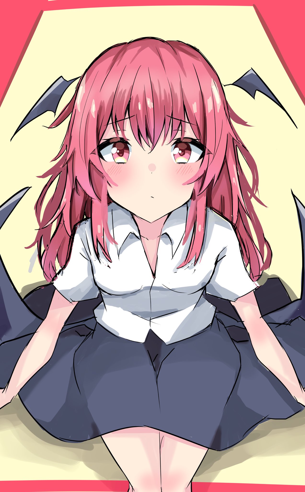 1girl bangs black_skirt blush breasts eyebrows_visible_through_hair feet_out_of_frame from_above head_wings highres koakuma long_hair nono54558 red_eyes redhead shirt short_sleeves sitting skirt solo touhou white_shirt wings