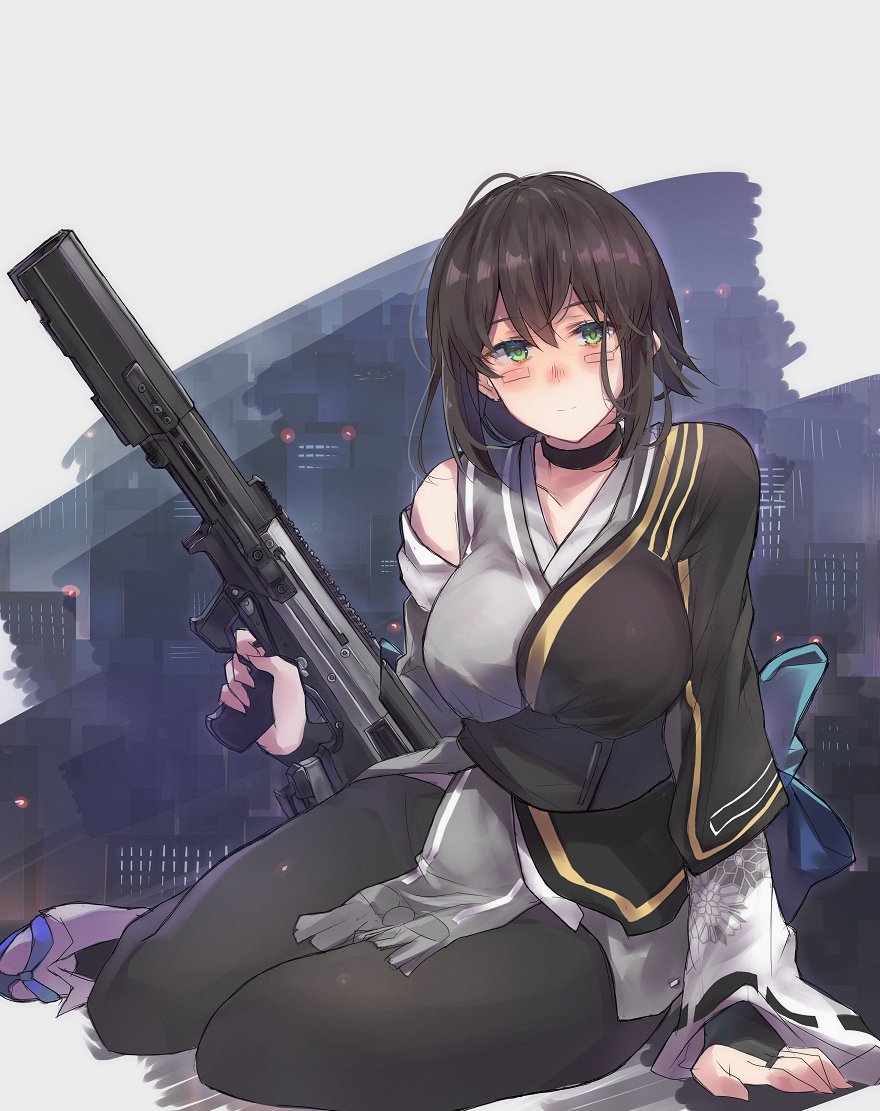 1girl black_choker black_legwear blue_ribbon blush bridal_gauntlets brown_hair choker cityscape commission desert_tech_mdr facial_tattoo green_eyes gun hair_between_eyes holding holding_gun holding_weapon japanese_clothes kimono kuri_inuki nusisring_tactical original pantyhose ribbon sawaya_(mizukazu) short_hair sitting skeb_commission smile solo tabi tattoo weapon white_background