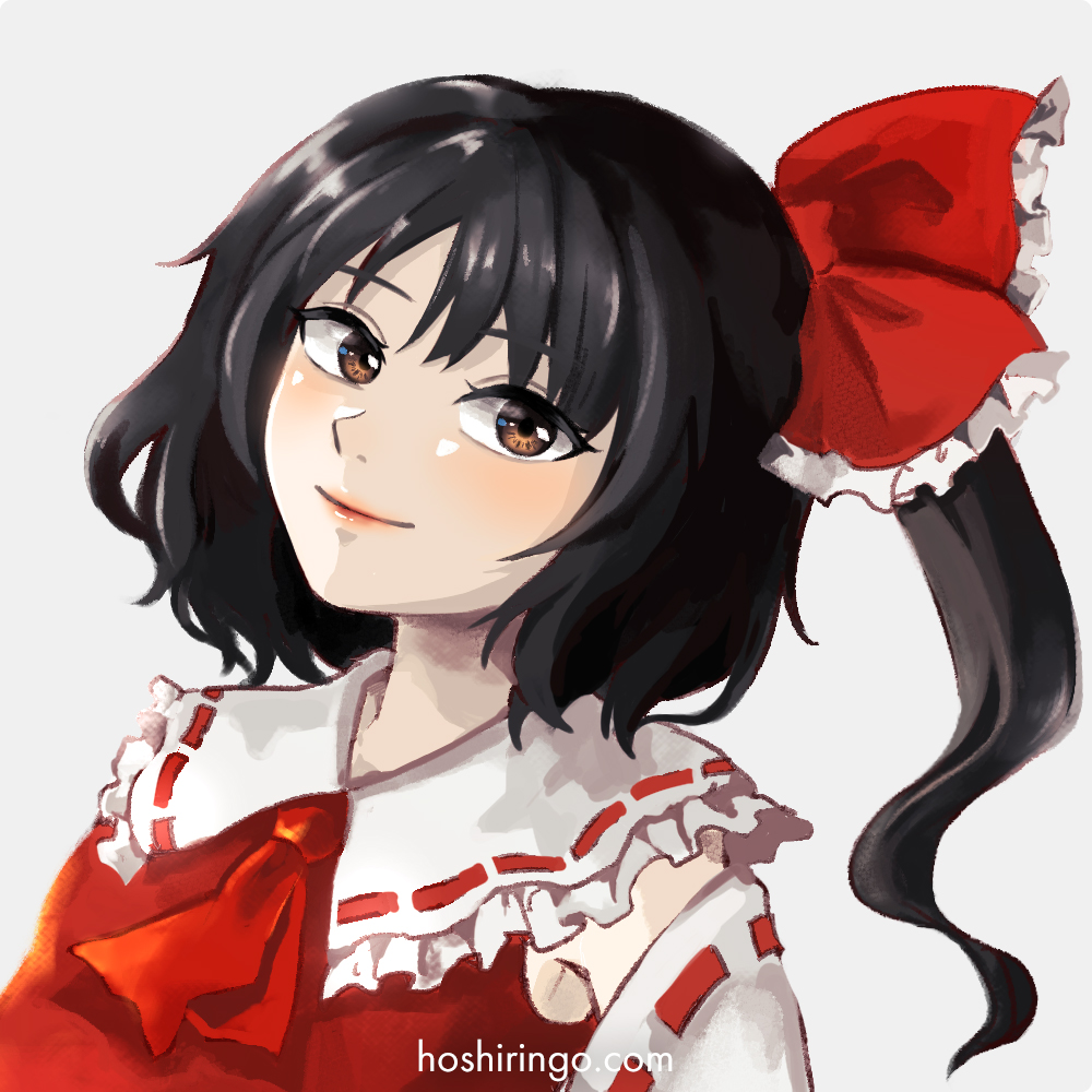 1girl ascot bangs bare_shoulders black_hair blush bow brown_eyes close-up closed_mouth collared_vest commentary_request detached_sleeves face frilled_bow frills hair_ribbon hakurei_reimu happy hoshiringo0902 lips long_hair looking_at_viewer ponytail red_ascot red_ribbon red_vest ribbon ribbon-trimmed_sleeves ribbon_trim simple_background smile solo touhou vest white_background white_sleeves