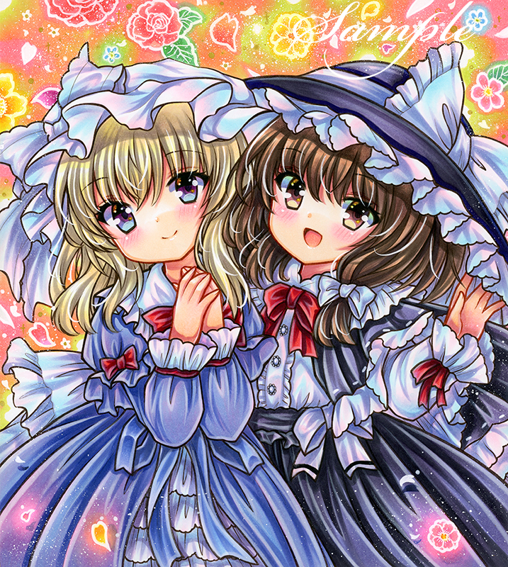2girls :d bangs black_capelet black_headwear black_skirt blonde_hair blush bow bowtie brown_eyes brown_hair buttons capelet closed_mouth cowboy_shot dress dress_bow embellished_costume eyebrows_visible_through_hair floral_background flower frilled_bow frilled_hat frilled_shirt frilled_shirt_collar frilled_sleeves frills hand_up hat hat_bow head_tilt juliet_sleeves long_sleeves looking_at_viewer maribel_hearn marker_(medium) medium_hair mob_cap multiple_girls open_mouth own_hands_together petals pink_flower puffy_long_sleeves puffy_sleeves purple_dress red_bow red_bowtie red_flower red_ribbon red_rose ribbon rose rui_(sugar3) sample_watermark shirt skirt smile standing touhou traditional_media usami_renko violet_eyes white_bow white_headwear white_shirt yellow_flower