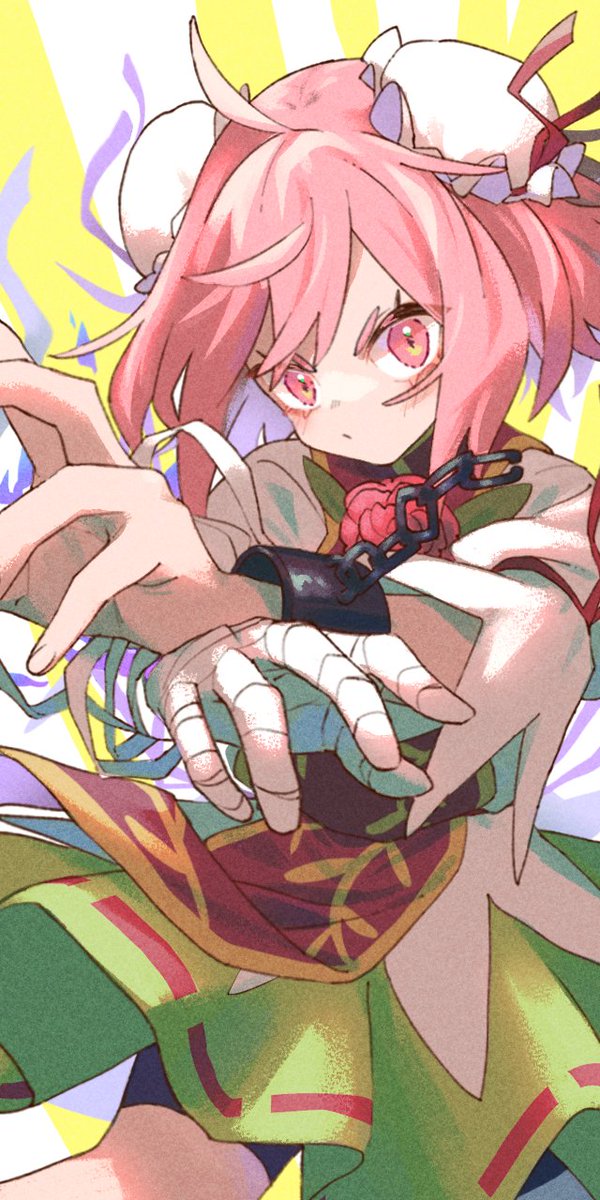 1girl :/ bandaged_arm bandages bangs bike_shorts bun_cover chain commentary double_bun fighting_stance flower flower_ornament green_skirt hair_ribbon highres ibaraki_kasen looking_at_viewer pink_eyes pink_hair red_flower red_ribbon red_rose red_tabard ribbon rose shirt short_hair short_sleeves skirt solo touhou umi_painter white_shirt x_arms