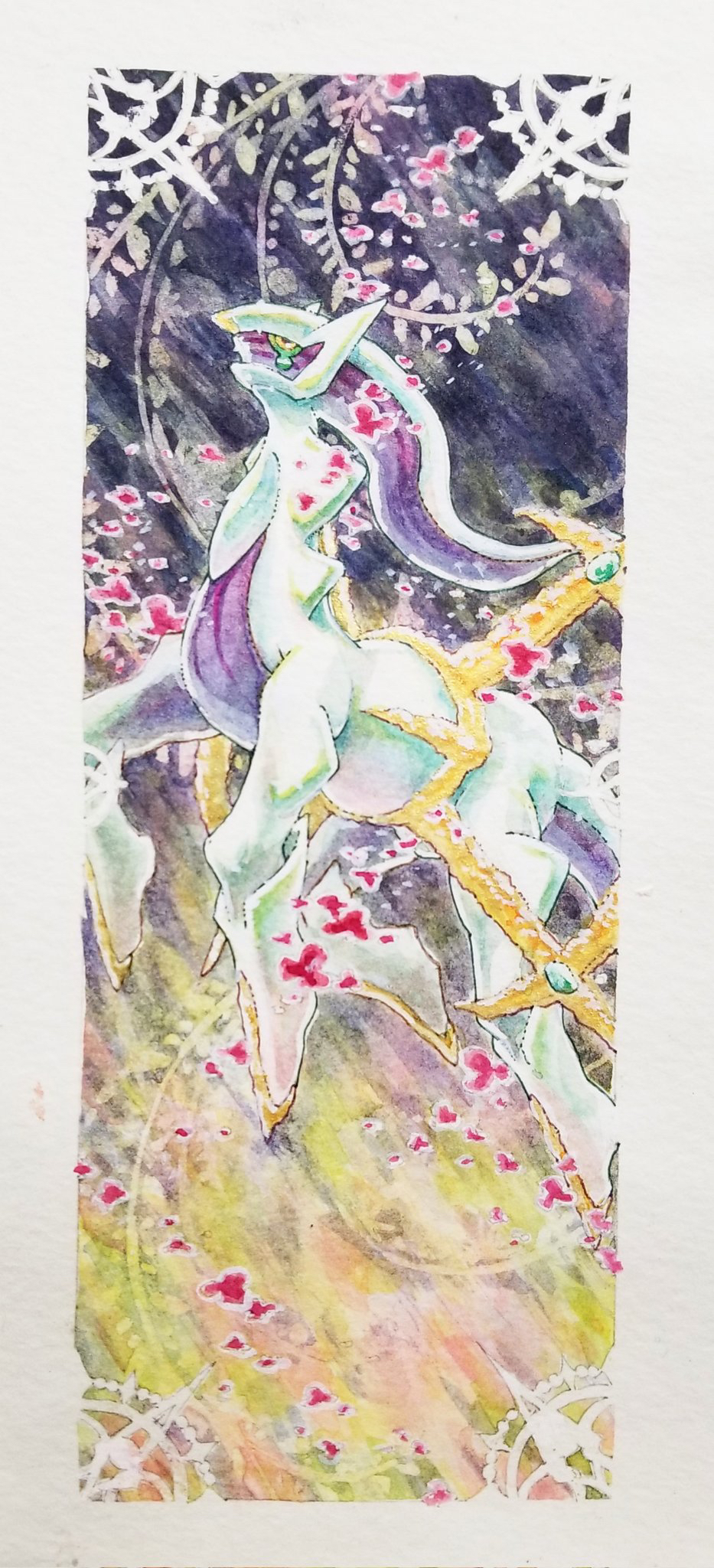 arceus border colored_sclera commentary_request from_side gem green_gemstone green_sclera highres masshu_(shu_123426) no_humans painting_(medium) pokemon pokemon_(creature) solo traditional_media watercolor_(medium) white_border yellow_eyes