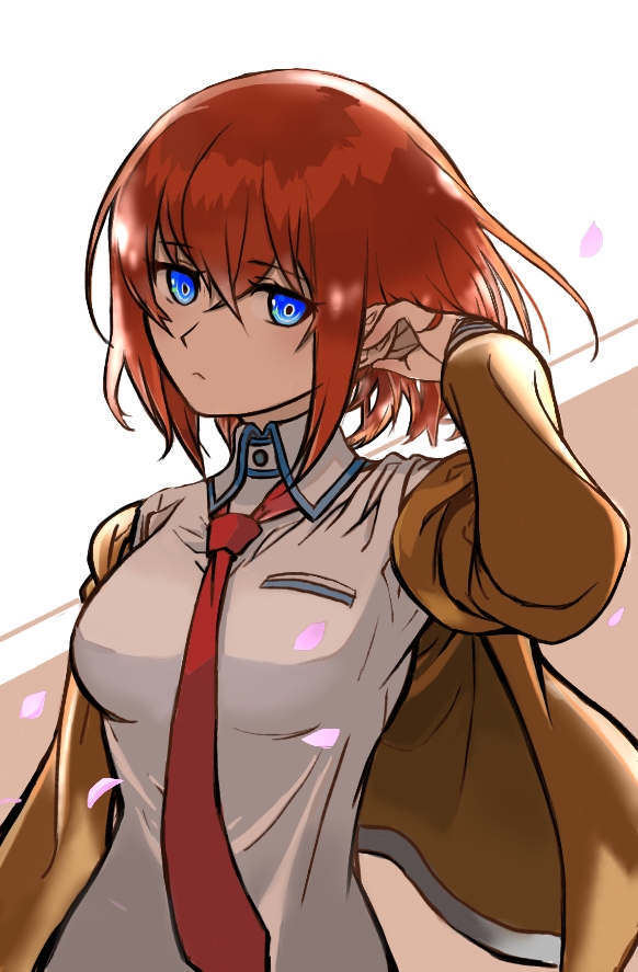 1girl alternate_hairstyle arm_up bangs blue_eyes breasts brown_jacket closed_mouth collared_shirt commentary_request eyebrows_visible_through_hair hair_between_eyes ibispaint_(medium) jacket jun_(2577985) looking_at_viewer makise_kurisu medium_hair necktie open_clothes open_jacket red_necktie redhead shirt solo steins;gate upper_body white_shirt