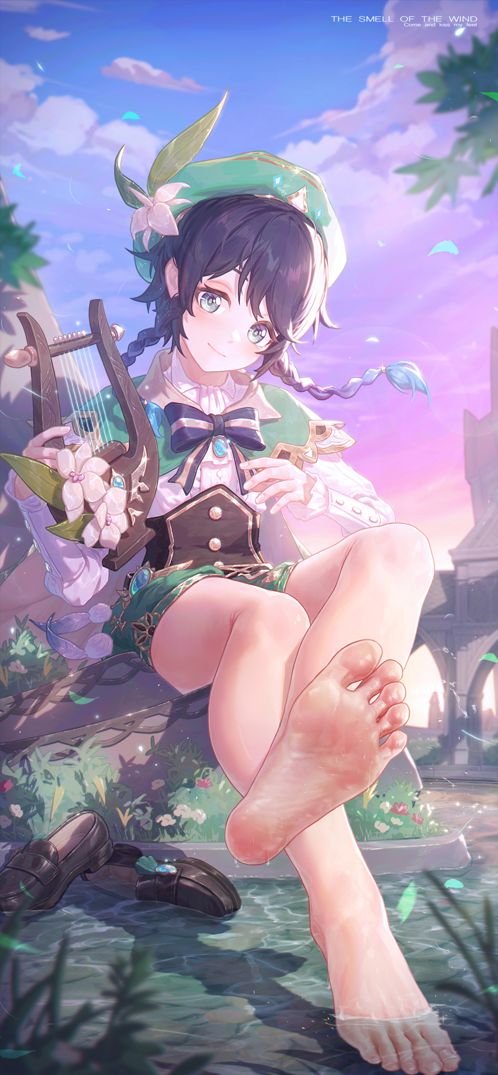 1boy barefoot black_hair blue_eyes braid cape clouds cloudy_sky collared_cape crossed_legs feet flower foot_focus frilled_sleeves frills genshin_impact gradient_hair grass green_cape green_headwear green_shorts highres icecake long_sleeves looking_at_viewer lyre multicolored_hair shoes shoes_removed short_hair_with_long_locks shorts sitting sky soles solo toes venti_(genshin_impact) wet