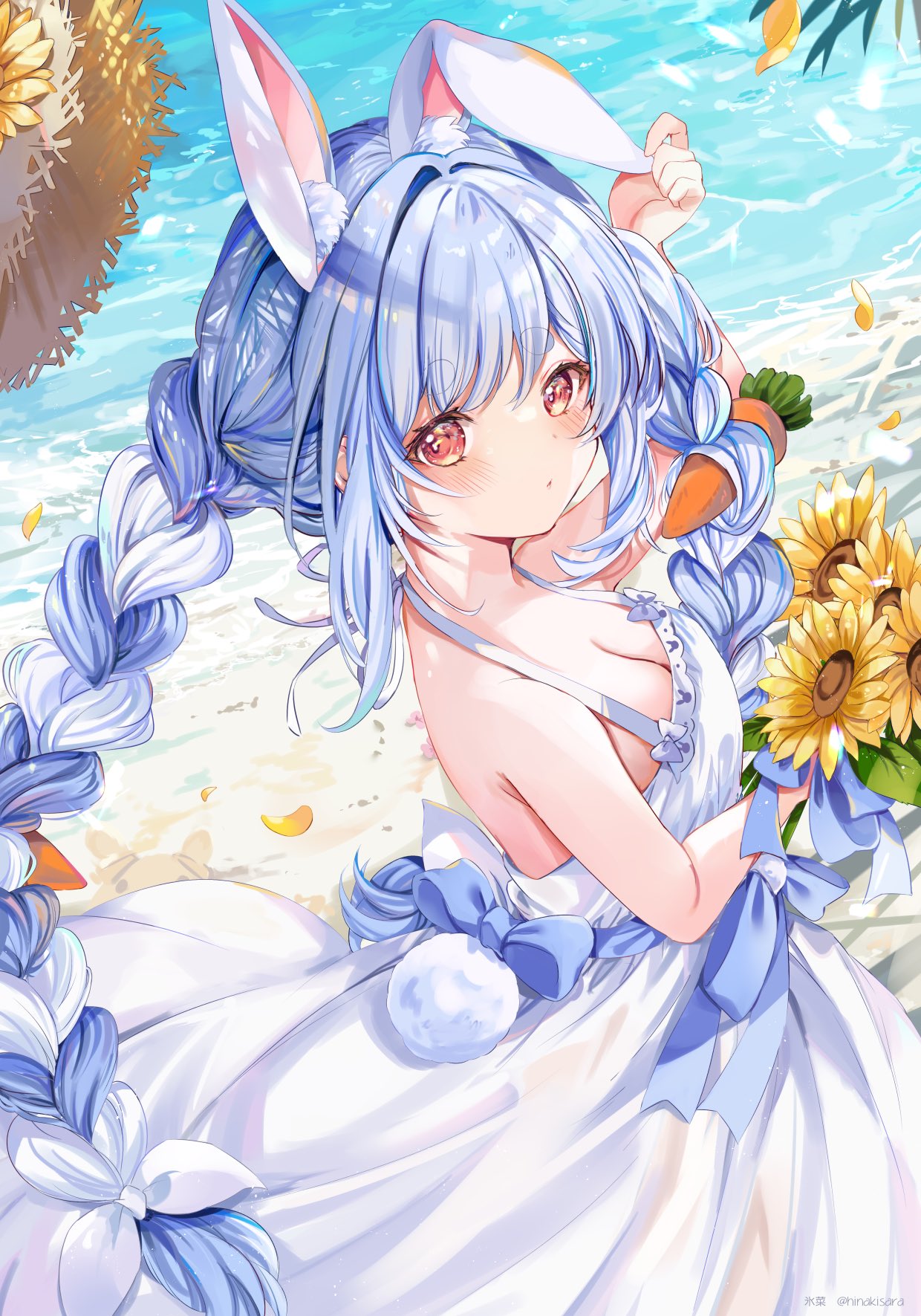 1girl animal_ears blue_hair braid carrot_hair_ornament dress flower food-themed_hair_ornament hair_ornament halter_dress halterneck hat highres hinahino holding holding_flower hololive multicolored_hair rabbit_ears rabbit_girl rabbit_tail red_eyes solo straw_hat sunflower tail twin_braids twintails two-tone_hair usada_pekora virtual_youtuber white_dress white_hair