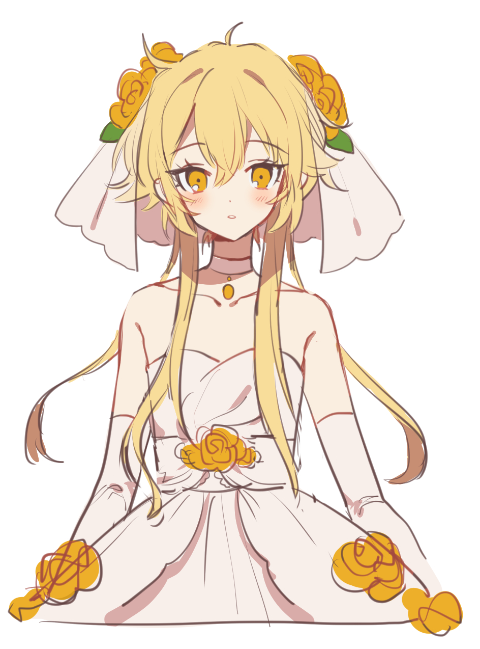 1boy blonde_hair blush bob_cut bridal_veil choker crossdressing dress envy_elika_(koyashaka) facing_viewer flower hair_flower hair_ornament highres koyashaka looking_at_viewer male_focus original otoko_no_ko smile solo veil wedding_dress white_background yellow_eyes