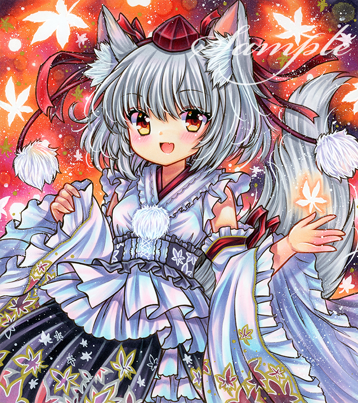 1girl :d animal_ear_fluff animal_ears bangs black_skirt blush breasts cowboy_shot detached_sleeves embellished_costume eyebrows_visible_through_hair fang frilled_sash frilled_sleeves frills grey_sash hat hat_ribbon inubashiri_momiji leaf leaf_print long_sleeves looking_at_viewer maple_leaf marker_(medium) open_mouth pinching_sleeves pom_pom_(clothes) print_skirt red_background red_eyes red_headwear red_ribbon ribbon rui_(sugar3) sample_watermark sash shirt short_hair skin_fang skirt sleeveless sleeveless_shirt small_breasts smile solo standing tail tokin_hat touhou traditional_media watermark white_hair white_shirt white_sleeves wide_sleeves wolf_ears wolf_girl wolf_tail