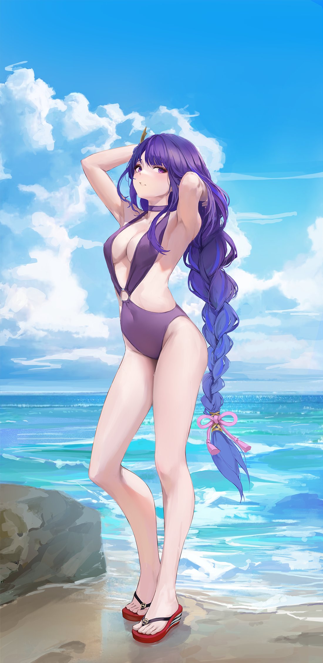 1girl armpits arms_up bangs beach blue_sky blunt_bangs braid braided_ponytail breasts choker clouds cloudy_sky day feet flip-flops foreshortening full_body genshin_impact hair_ornament highres hiki_niito horizon large_breasts legs long_hair looking_at_viewer medium_breasts mole mole_under_eye o-ring o-ring_swimsuit ocean one-piece_swimsuit outdoors parted_lips purple_hair purple_swimsuit raiden_shogun revision sandals sky standing swimsuit symbol-only_commentary thighs toes very_long_hair violet_eyes water wet