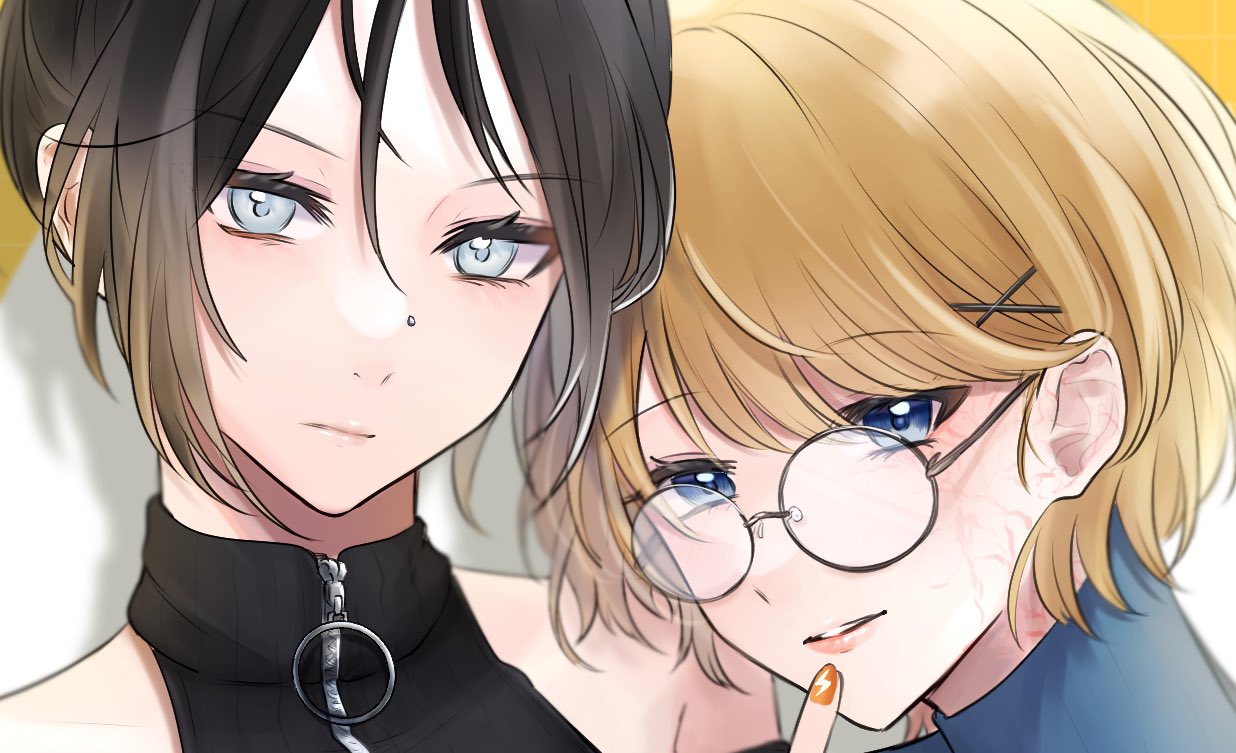 2girls apex_legends black_hair black_sweater blonde_hair blue_eyes blue_sweater finger_to_own_chin glasses gradient_hair hair_behind_ear lightning_bolt_symbol looking_at_viewer multicolored_hair multiple_girls nose_piercing parted_lips piercing portrait round_eyewear satou_kouri scar scar_on_cheek scar_on_face short_hair smile sweater wattson_(apex_legends) wraith_(apex_legends)