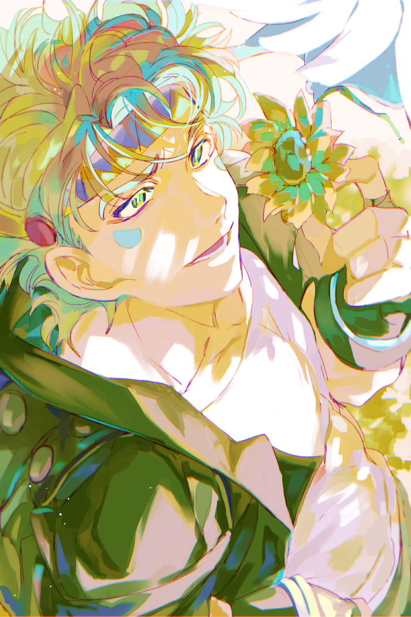 1boy arm_support battle_tendency bird blonde_hair caesar_anthonio_zeppeli commentary dappled_sunlight dove facial_mark fingerless_gloves flower from_above gloves green_eyes green_gloves green_jacket headband holding holding_flower jacket jojo_no_kimyou_na_bouken looking_up male_focus open_mouth senzzang shirt short_hair solo sunflower sunlight symbol-only_commentary white_shirt wind