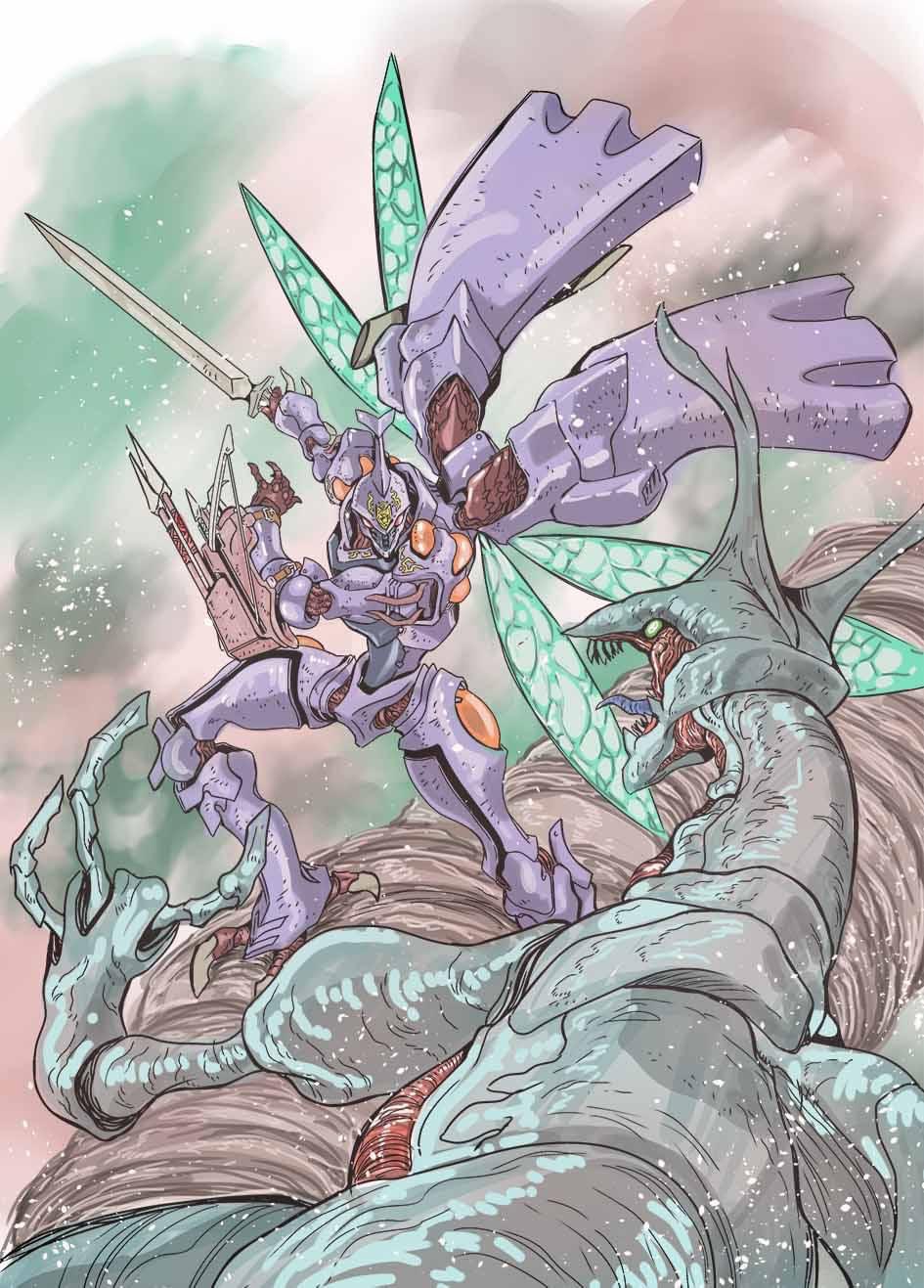 dunbine fantasy green_eyes highres holding holding_sword holding_weapon insect_wings mecha monster open_mouth orange_eyes seisenshi_dunbine sharp_teeth solo_focus sword teeth tongue tongue_out tsushima_naoto weapon wings