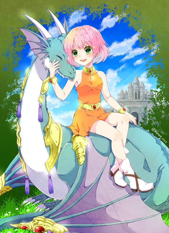 1girl blush breasts castle clouds dragon dress final_fantasy final_fantasy_v full_body green_eyes hiryuu_(ff5) jewelry lenna_charlotte_tycoon open_mouth pink_hair short_hair sitting smile