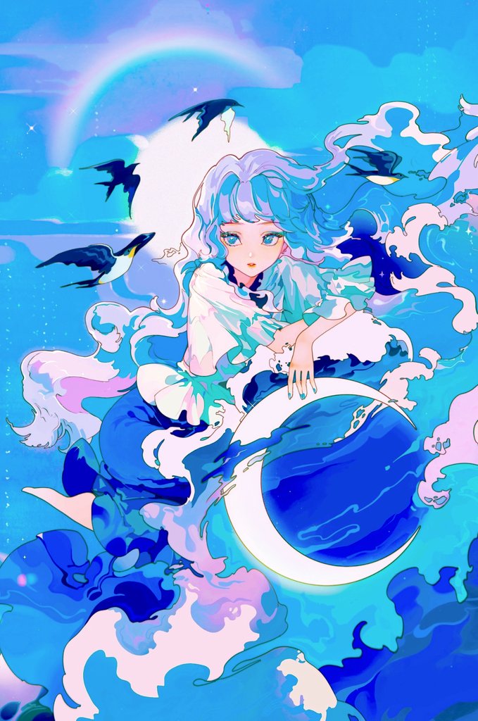 1girl backlighting bangs bird blue_background blue_eyes blue_hair blue_nails blue_theme cirrika clouds eyebrows_visible_through_hair flying lips long_hair looking_up moon original parted_lips rainbow solo sun waves white_hair wind wind_lift