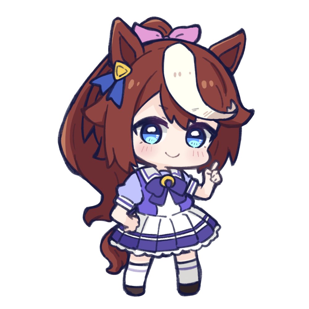 1girl animal_ears blue_bow blue_eyes blue_shirt blush bow brown_footwear brown_hair chibi closed_mouth commentary_request full_body hair_ribbon hand_on_hip hand_up horse_ears horse_girl horse_tail index_finger_raised long_hair multicolored_hair nozo_(hitomiz) pink_ribbon pleated_skirt ponytail puffy_short_sleeves puffy_sleeves ribbon school_uniform shirt shoes short_sleeves skirt smile solo standing streaked_hair tail thigh-highs tokai_teio_(umamusume) tracen_school_uniform umamusume very_long_hair white_hair white_legwear white_skirt