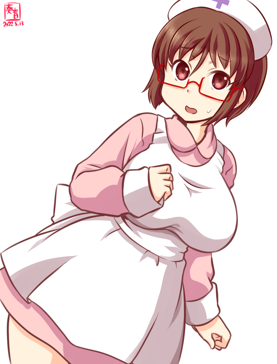 1girl alternate_costume apron artist_logo bespectacled breasts brown_eyes brown_hair commentary_request cowboy_shot dated dress glasses hairband hat kanon_(kurogane_knights) kantai_collection large_breasts looking_at_viewer natori_(kancolle) nurse nurse_cap one-hour_drawing_challenge pink_dress red-framed_eyewear semi-rimless_eyewear short_hair simple_background solo under-rim_eyewear white_apron white_background