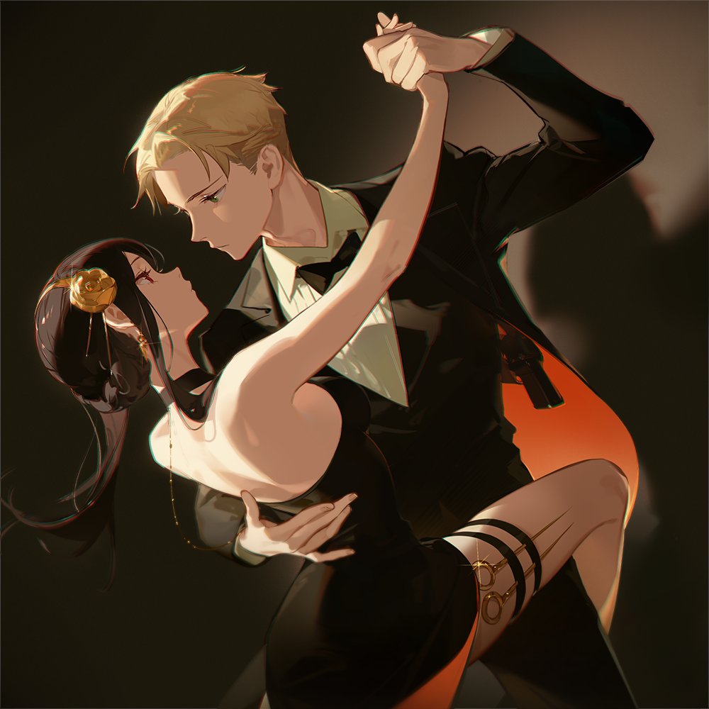 1boy 1girl ask_(askzy) bare_arms bare_back bare_shoulders black_choker black_dress black_hair black_jacket blonde_hair choker dancing dress eye_contact formal jacket long_hair looking_at_another red_eyes sidelocks spy_x_family suit thigh_strap thighs twilight_(spy_x_family) yor_briar