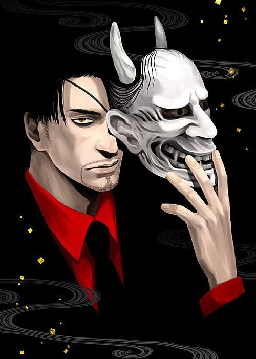 1boy black_necktie brown_eyes commentary_request demon dress_shirt empty_eyes eyepatch facial_hair formal hannya holding holding_mask horns hyla_hyla looking_at_viewer mafia majima_gorou male_focus mask necktie one-eyed red_shirt removing_mask ryuu_ga_gotoku shirt short_hair smoke upper_body white_horns yakuza