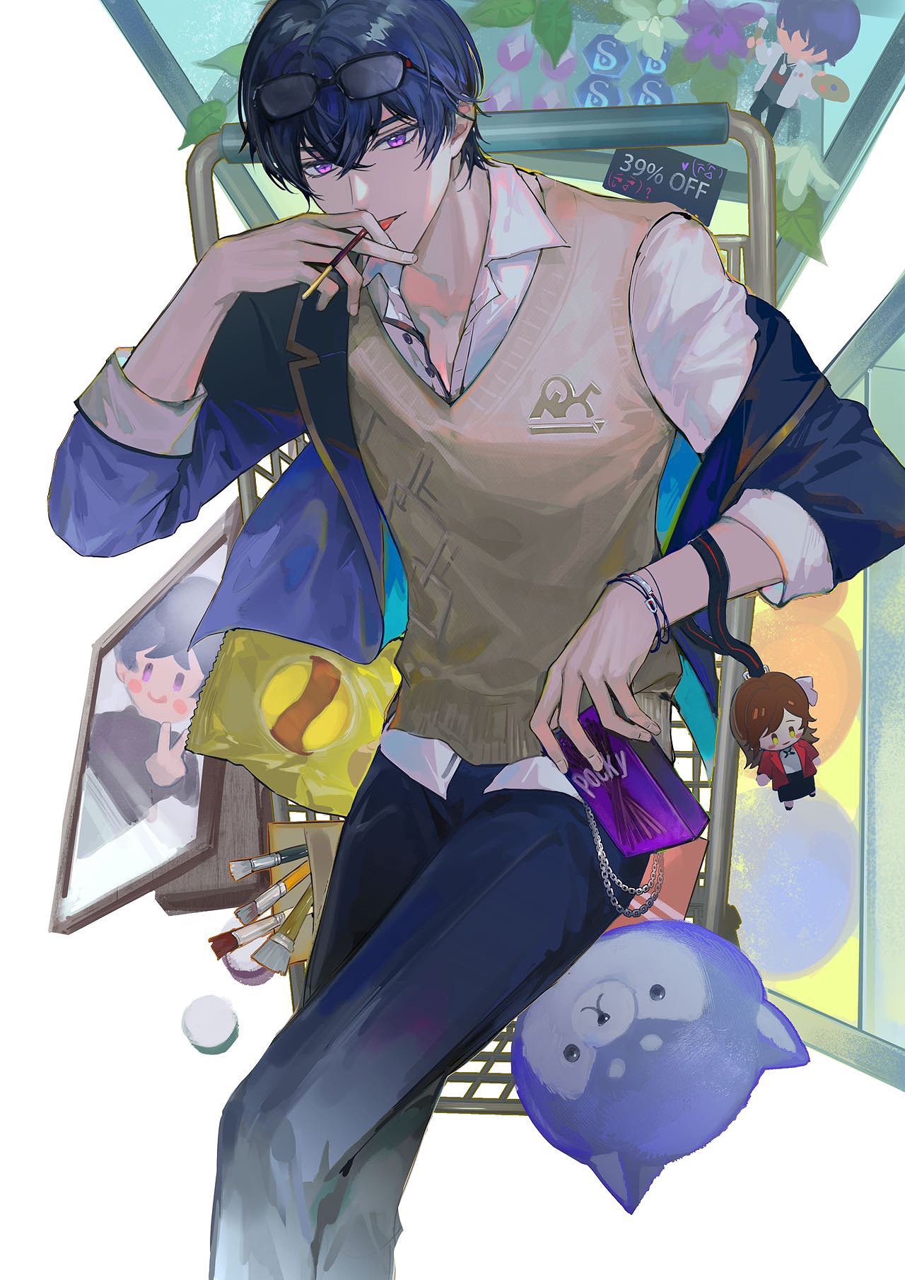 1boy bangs blue_jacket blue_pants brown_vest brush chips eyewear_on_head food glasses highres holding holding_food jacket laoyepo long_sleeves looking_at_viewer marius_von_hagen_(tears_of_themis) open_mouth pants pocky polo_shirt purple_hair rosa_(tears_of_themis) shirt shopping_cart short_hair tears_of_themis tongue tongue_out vest violet_eyes white_background white_shirt