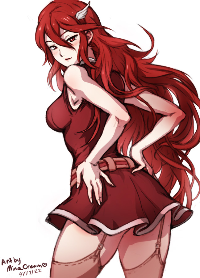 1girl ass bare_thigh belt breasts cordelia_(fire_emblem) dress fire_emblem fire_emblem_awakening garter_straps hair_between_eyes hair_ornament legs legs_apart long_hair looking_at_viewer looking_back medium_breasts mina_cream minidress red_belt red_dress red_eyes red_minidress redhead smile solo thigh-highs thigh_gap thighs very_long_hair wavy_hair white_background white_hair_ornament winged_hair_ornament
