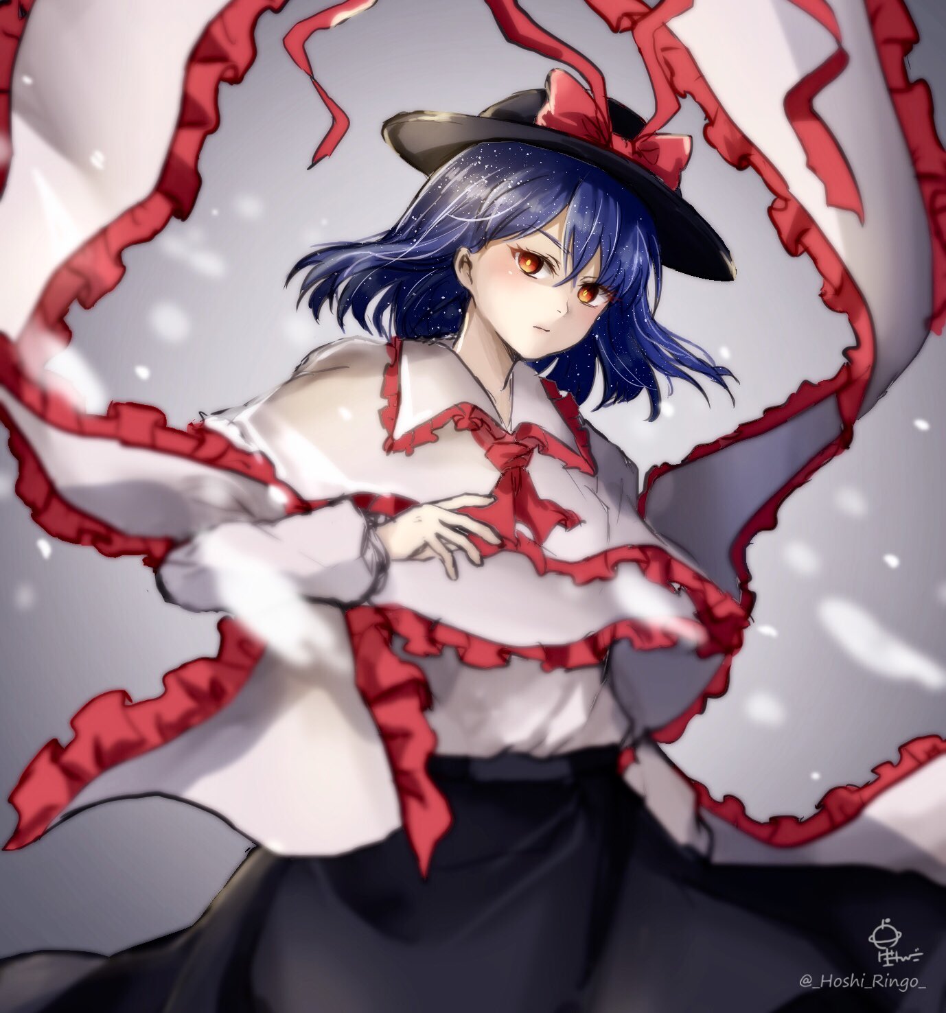 1girl ascot black_headwear black_skirt blue_hair bow closed_mouth collared_shirt commentary_request frilled_shawl frilled_shirt_collar frills hand_on_own_chest hat hat_bow hat_ribbon highres hoshiringo0902 long_skirt long_sleeves nagae_iku one-hour_drawing_challenge pink_shawl pink_shirt red_ascot red_bow red_eyes red_ribbon ribbon serious shawl shiny shiny_hair shirt short_hair skirt touhou upper_body