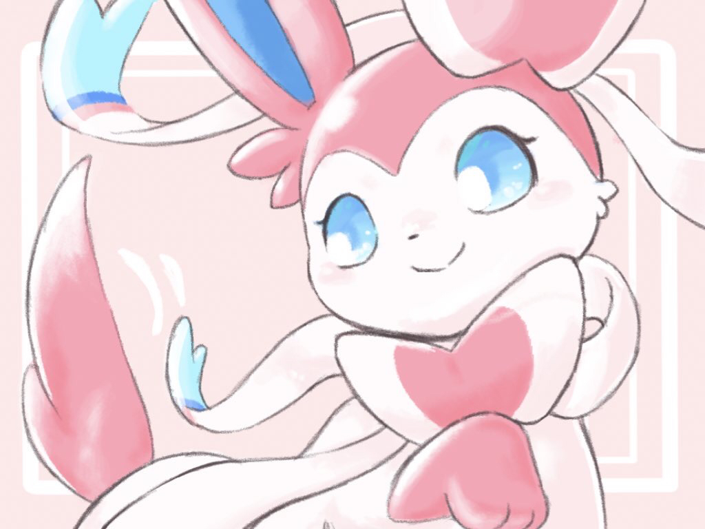 aberu_(ycrr3542) blue_eyes blush closed_mouth commentary_request eyelashes framed looking_back no_humans pink_background pokemon pokemon_(creature) smile solo sylveon
