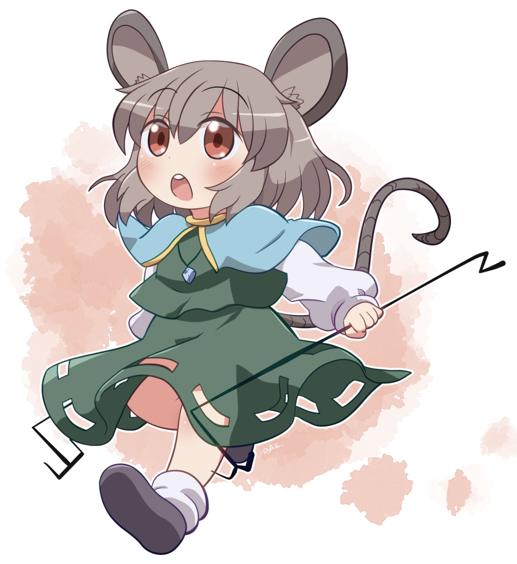 1girl animal_ears black_dress black_footwear blue_capelet blush capelet dowsing_rod dress eyebrows_visible_through_hair full_body grey_hair hair_between_eyes holding jewelry long_sleeves mouse_ears mouse_tail nazrin open_mouth pendant red_eyes rokugou_daisuke shoes short_hair signature solo tail touhou white_legwear