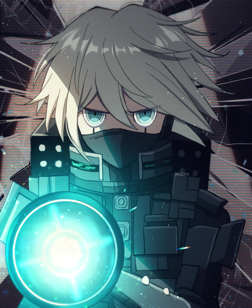 1boy armor artist_name bangs black_mask danganronpa_(series) danganronpa_v3:_killing_harmony glowing grey_hair hair_between_eyes keebo looking_at_viewer mask mikao_(eanv5385) mouth_mask power_armor shiny shiny_hair shiny_hiar short_hair smile solo