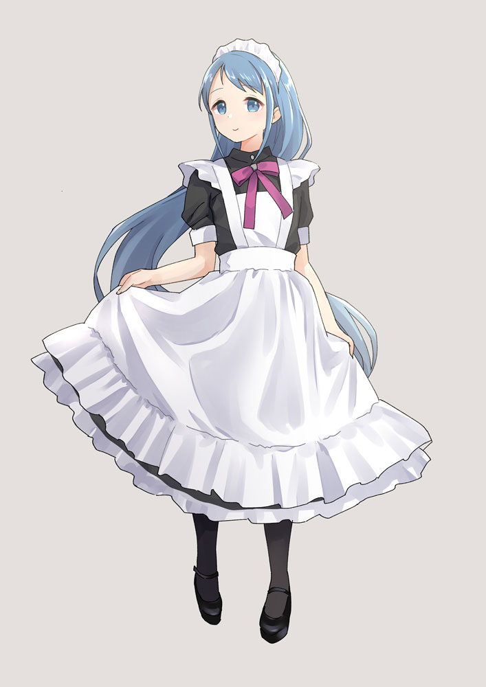 1girl alternate_costume apron bangs black_dress black_footwear black_legwear blue_eyes blue_hair commentary_request dress enmaided full_body gradient_hair grey_background kantai_collection katakori_sugita long_hair looking_at_viewer maid maid_headdress mary_janes multicolored_hair puffy_sleeves purple_ribbon ribbon samidare_(kancolle) shoes simple_background skirt_hold solo standing swept_bangs very_long_hair white_apron
