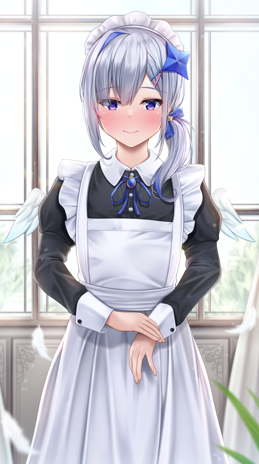 1girl alternate_costume amane_kanata angel angel_wings apron asymmetrical_bangs asymmetrical_hair bangs blue_hair blush colored_inner_hair enmaided feathered_wings feathers grey_hair hair_ornament hair_over_one_eye hairclip highres hololive indoors lomocya long_hair long_sleeves looking_at_viewer low_ponytail maid maid_apron maid_headdress mini_wings multicolored_hair pink_hair pink_nails puffy_long_sleeves puffy_sleeves side_ponytail single_hair_intake smile solo star_(symbol) star_hair_ornament streaked_hair violet_eyes virtual_youtuber white_wings window wings