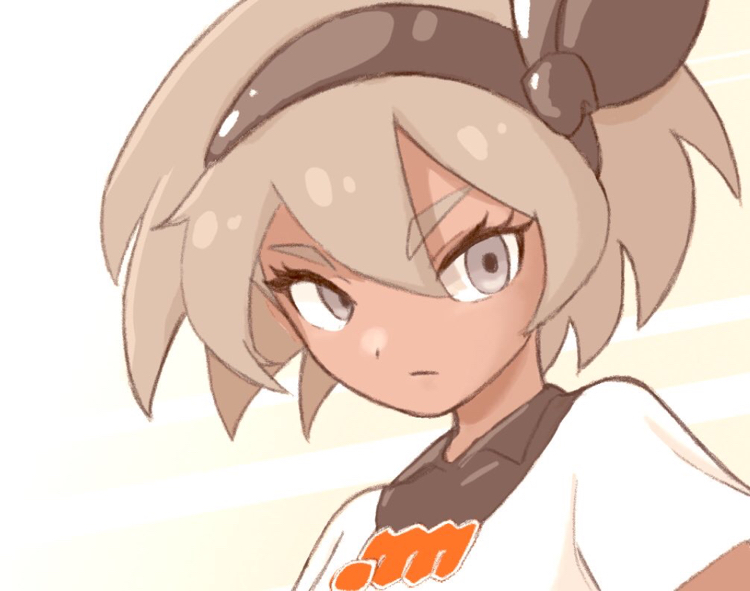 1girl aberu_(ycrr3542) bangs bea_(pokemon) bow_hairband brown_hair brown_hairband closed_mouth collared_shirt commentary_request eyelashes grey_eyes hair_between_eyes hairband pokemon pokemon_(game) pokemon_swsh print_shirt shirt short_hair short_sleeves solo upper_body